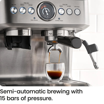 Crema Supreme Espresso Machine with Conical Burr Grinder and Steam Wand – Stainless Steel, New
