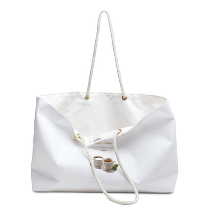 Coffee Lover Weekender Bag — White Tote with Espresso Cup Design