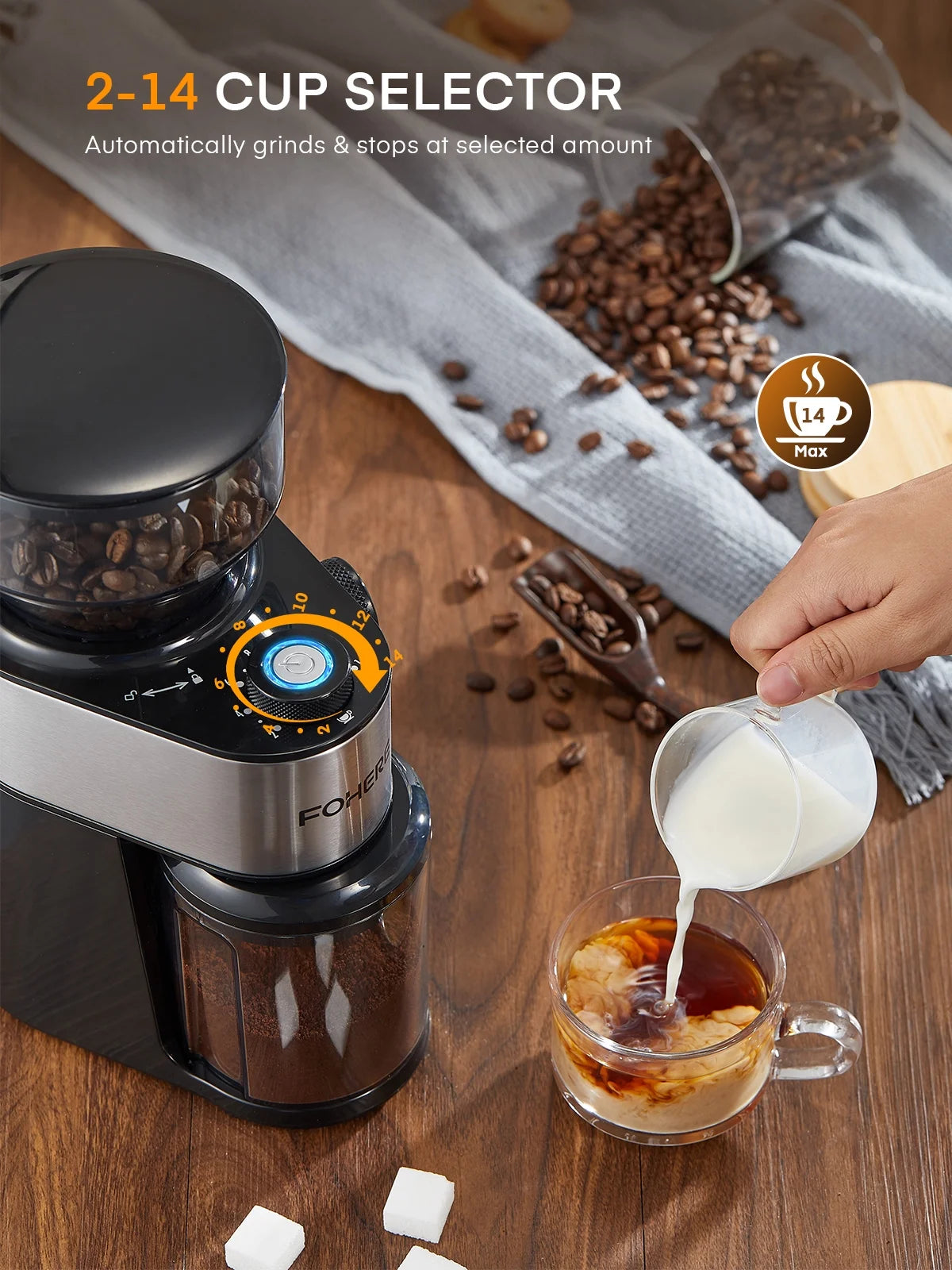 Electric Burr Coffee Grinder , 200W Upgrade, 18 Precise Grind Settings, 2-14 Cup Adjustable, Only for Grind Coffee, Black