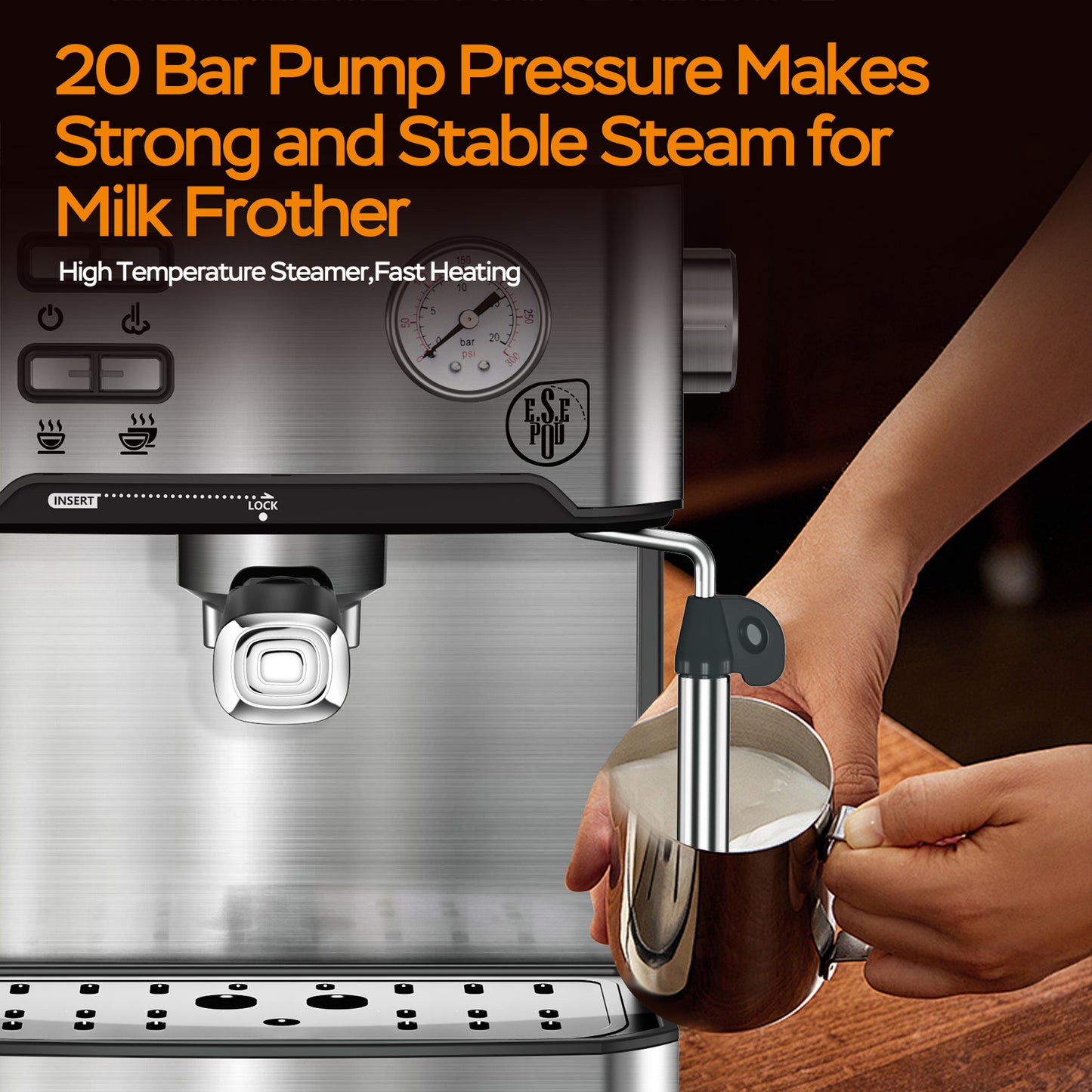 20 Bar Professional Espresso Machine With Milk Frother, Single Double Shot, ESE Pod Compatible, Visual Display Of Pressure, Removable Water Tank For Cappuccino, Latte, Machiato For Home Barista
