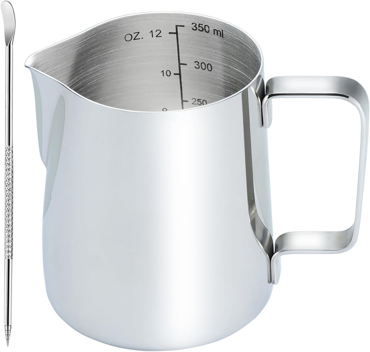 Stainless Steel Milk Frothing Pitcher 12 Oz, Espresso Steaming Pitcher with Decorating Pen for Espresso Machines, Cappuccino, Latte Art (Silver)