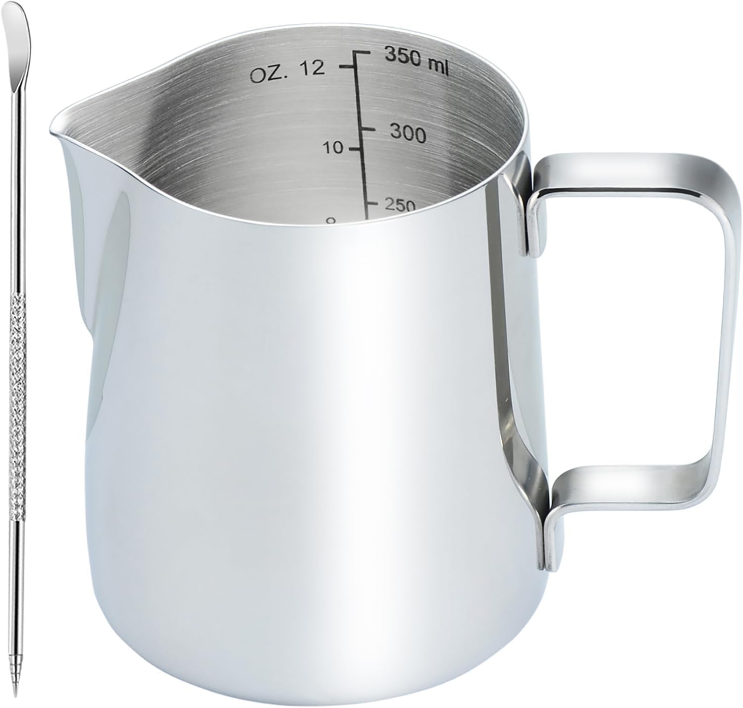 Stainless Steel Milk Frothing Pitcher 12 Oz, Espresso Steaming Pitcher with Decorating Pen for Espresso Machines, Cappuccino, Latte Art (Silver)
