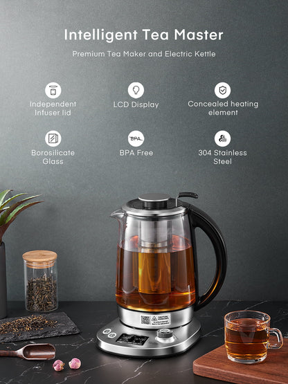 Electric Kettle with Variable Temperature Control -  Smart Glass Tea Kettle with 9 Presets - LCD Display - 2Hr Keep Warm - Removable Tea Infuser