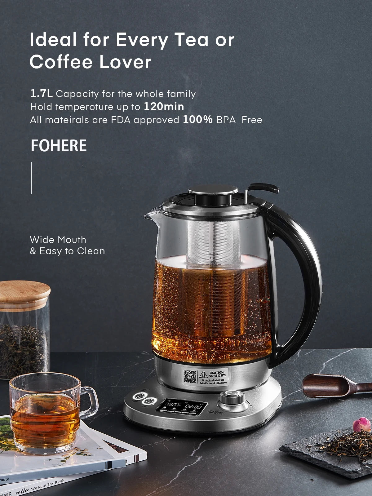 Electric Kettle with Variable Temperature Control -  Smart Glass Tea Kettle with 9 Presets - LCD Display - 2Hr Keep Warm - Removable Tea Infuser