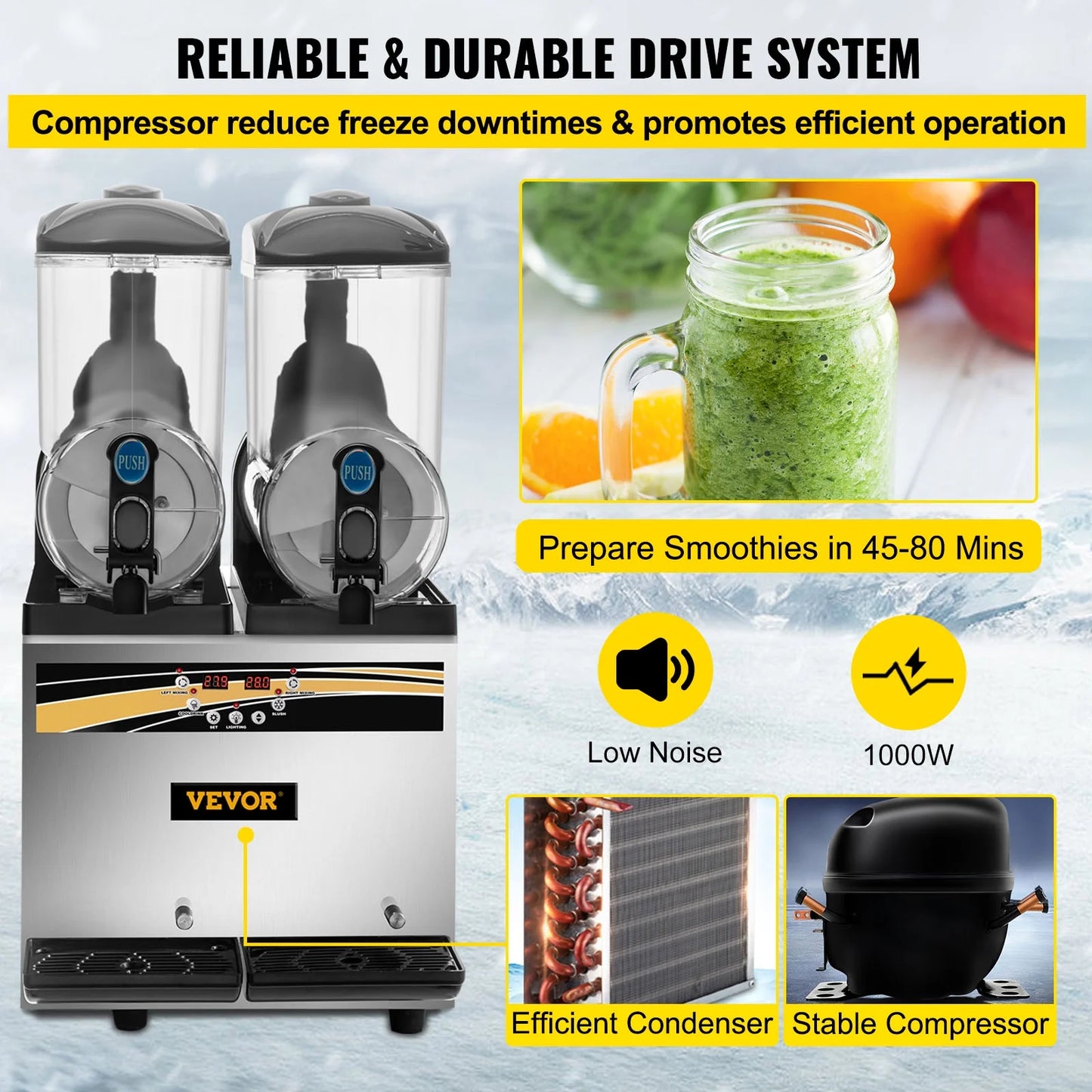 Commercial Slushy Machine, 15L*2Tank 1000W Stainless Steel Margarita Slushie Maker, Silver