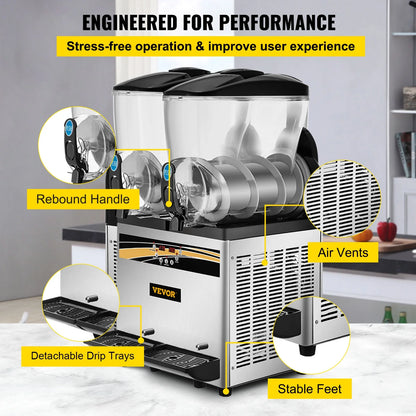Commercial Slushy Machine, 15L*2Tank 1000W Stainless Steel Margarita Slushie Maker, Silver