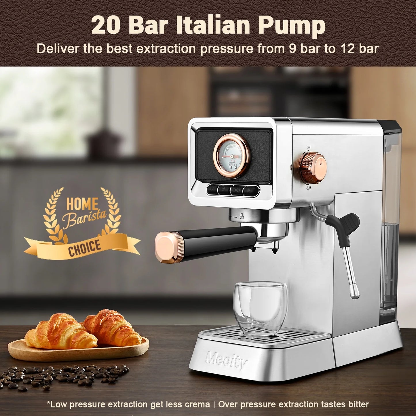 20 Bar Semi-Automatic Espresso Machine with Steam Wand, Brushed Stainless Steel