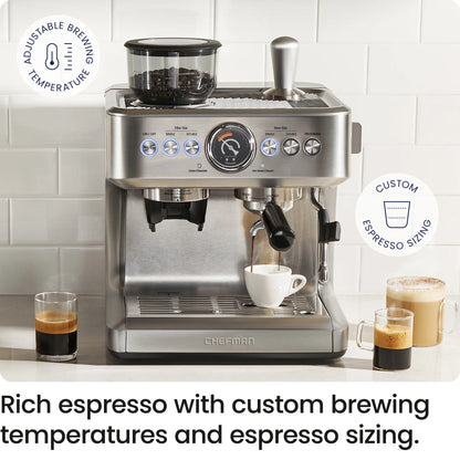 Crema Supreme Espresso Machine with Conical Burr Grinder and Steam Wand – Stainless Steel, New