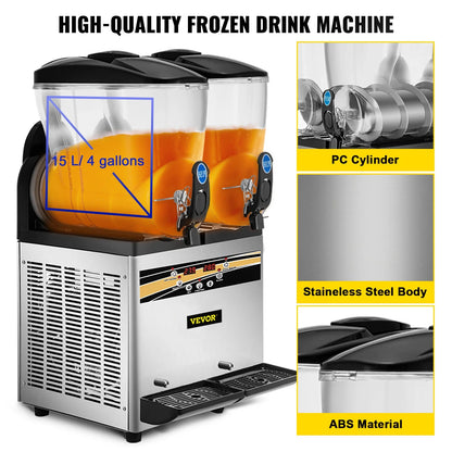 Commercial Slushy Machine, 15L*2Tank 1000W Stainless Steel Margarita Slushie Maker, Silver